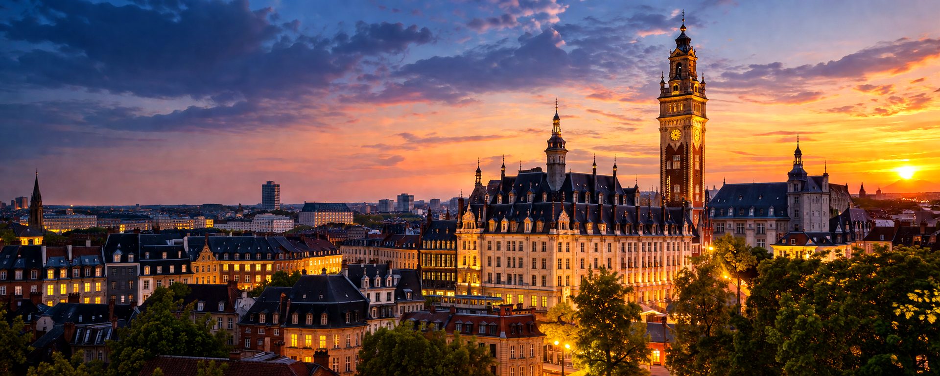 Vue du beffroi de Lille au crépuscule, zone d'intervention de SD Serrurerie Dépannage, serrurier de dépannage dans la métropole lilloise